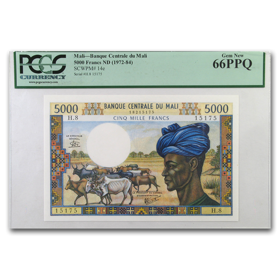 1972-84 Mali 5000 Francs Gem New CU-66 PPQ PCGS 1972-84 Mali 5000 Francs Gem New CU-66 PPQ PCGS